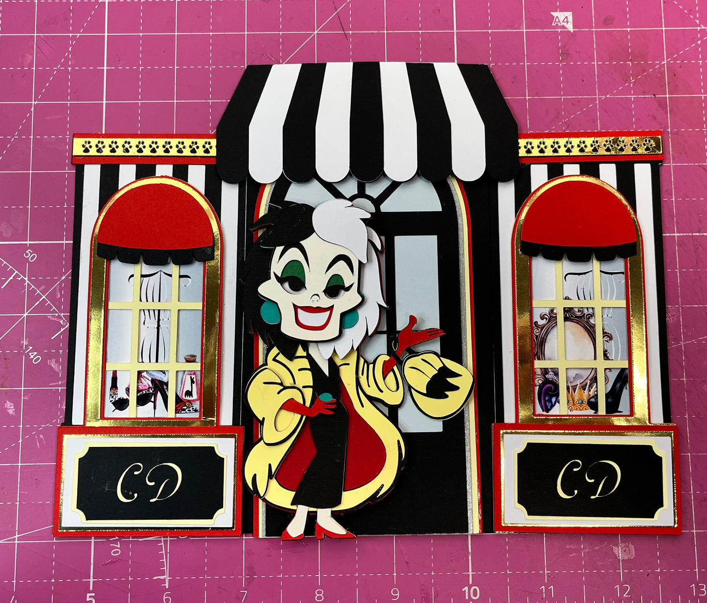 Layered Cut File - House of De Vil Cover SVG Cut File Bundle – Cruella Character + Storefront Layered Scrapbook Cover Design