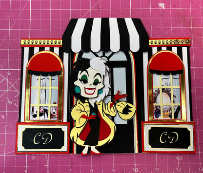 Layered Cut File - House of De Vil Cover SVG Cut File Bundle – Cruella Character + Storefront Layered Scrapbook Cover Design